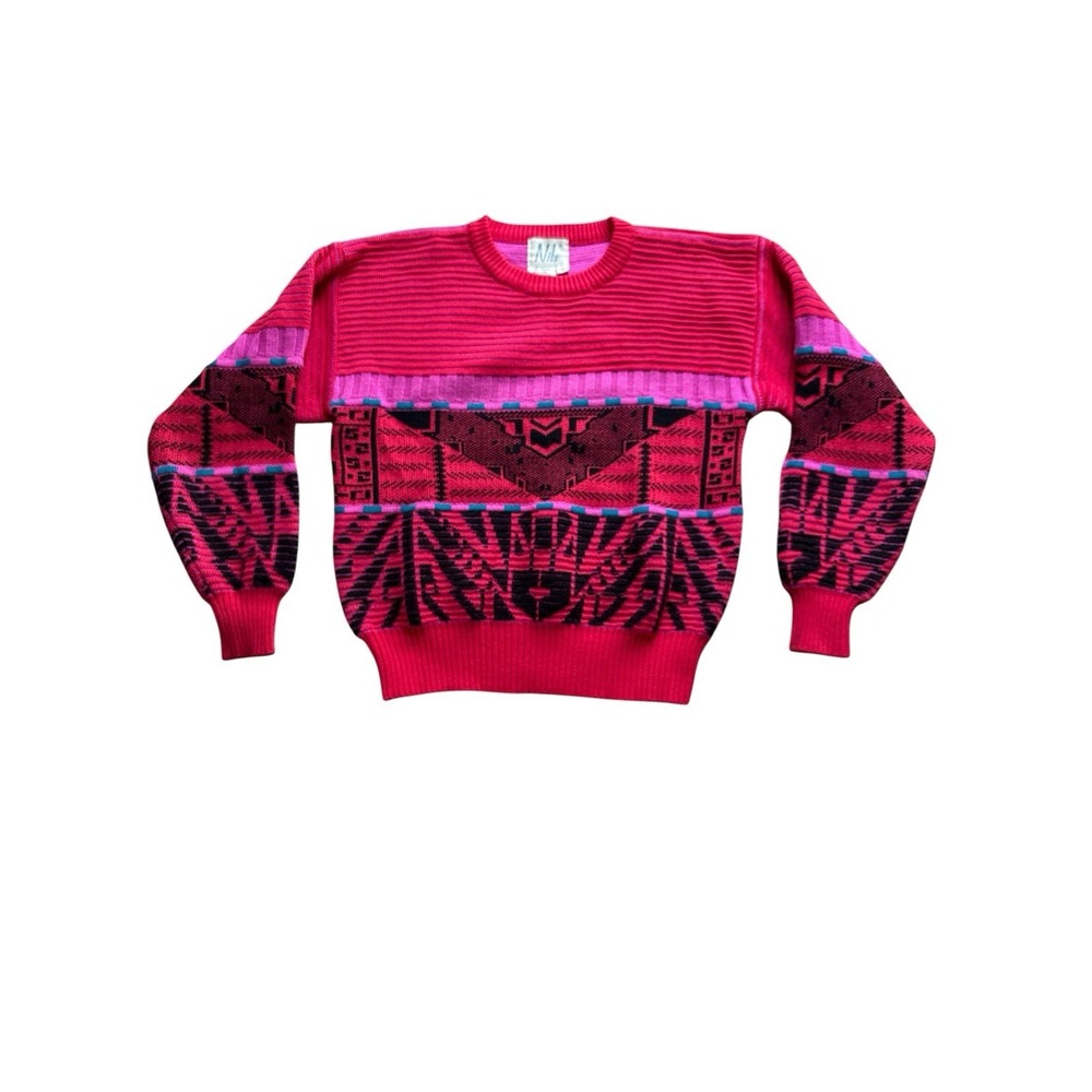 Nils Vintage Sweater Size Medium Red Pink Geometric Pullover Ski‎ 80s Wool Blend
